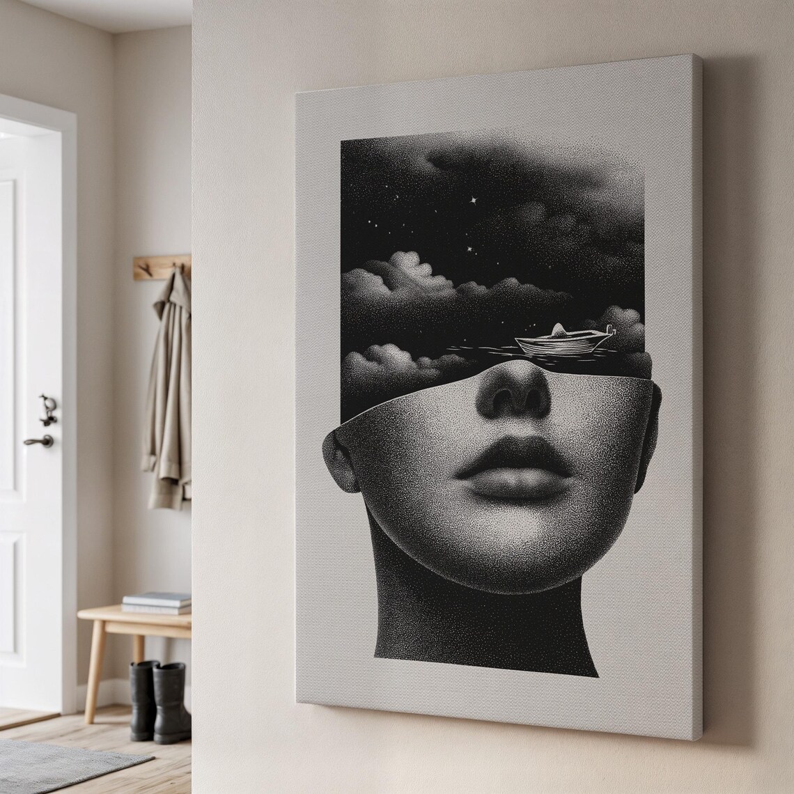 Surreal Woman Face Night Sky Boat Monochrome Dream Art Poster
