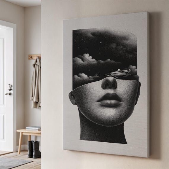 Surreal Face And Sky Canvas Wall Art Monochrome Dream Illustration Print Boat In Conceptual Design Framed Modern For Thinkers