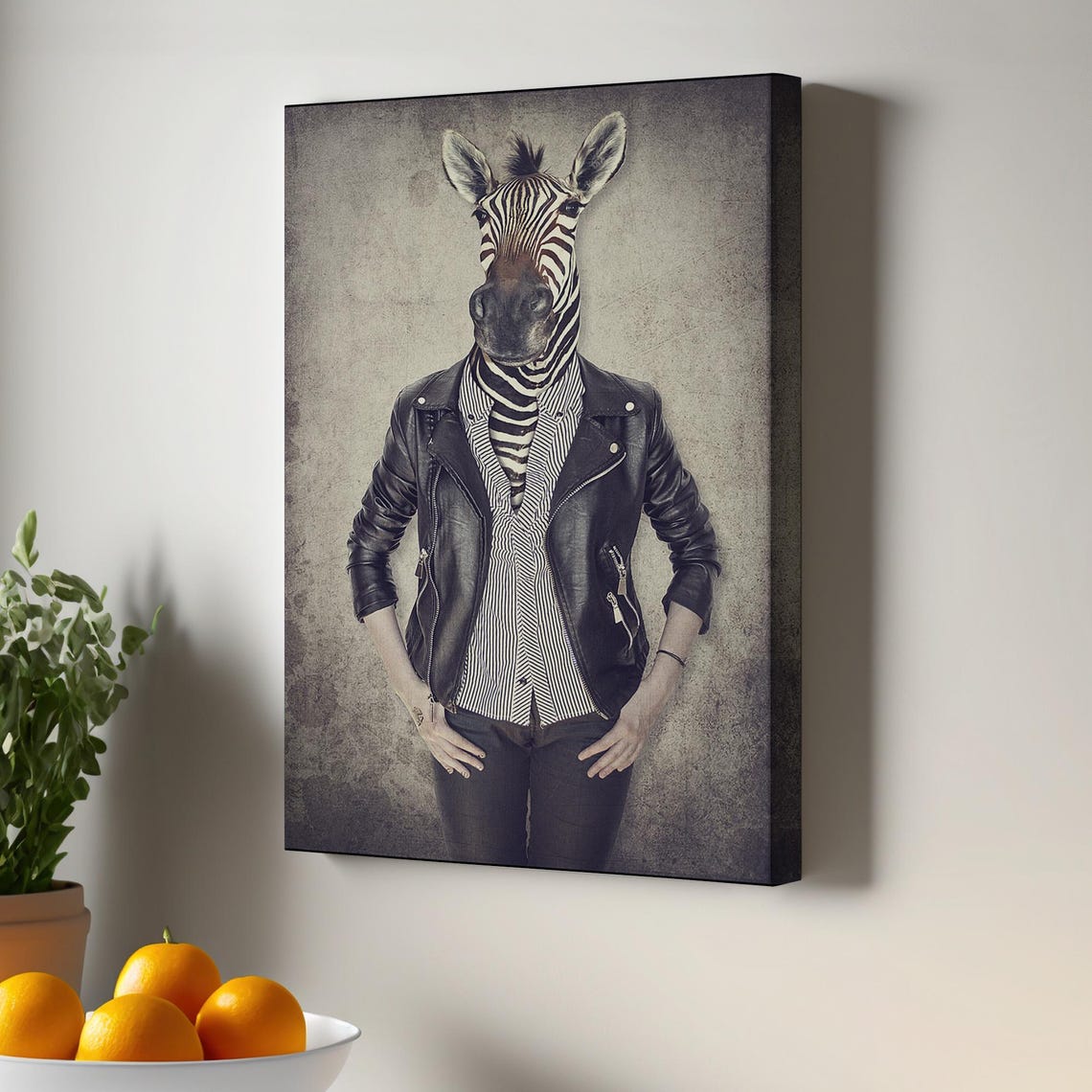 Zebra Wearing Leather Jacket Quirky Animal Portrait Canvas Poster