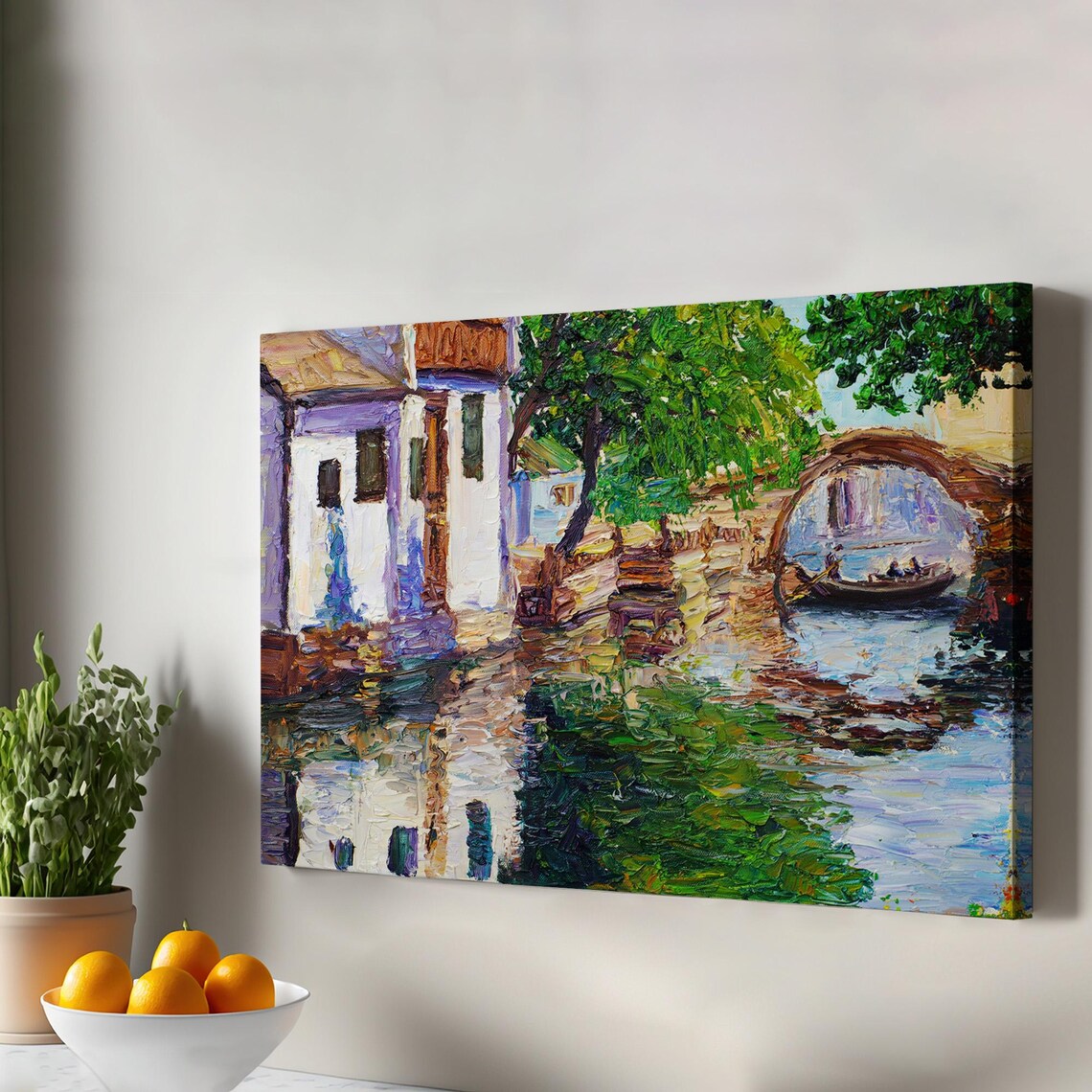 Old Charming Canal Stone Bridge Boat Oil Painting Style Village Poster