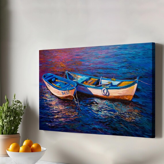 Two Colorful Rowboats Deep Blue Water Vibrant Oil Painting Poster