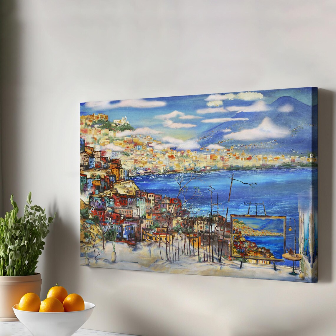 Naples Bay Colorful Hillside Town Vesuvius Oil Painting Canvas Wall Art