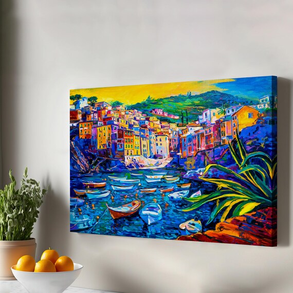 Colorful Coastal Village Boats Oil Painting Mediterranean Style Poster