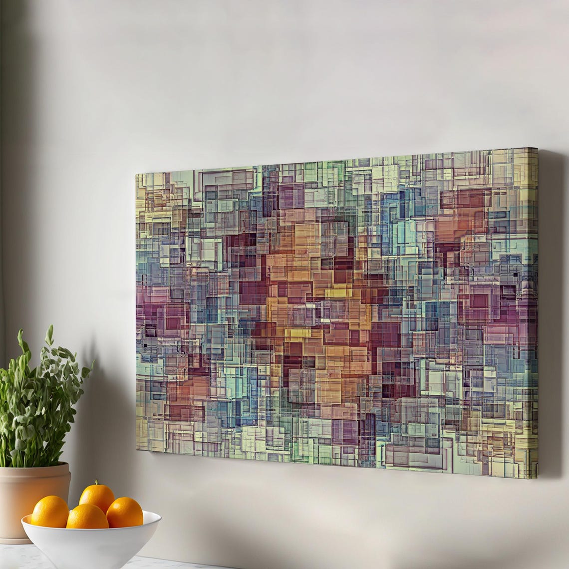 Muted Multicolor Geometric Squares Abstract Mosaic Art Poster