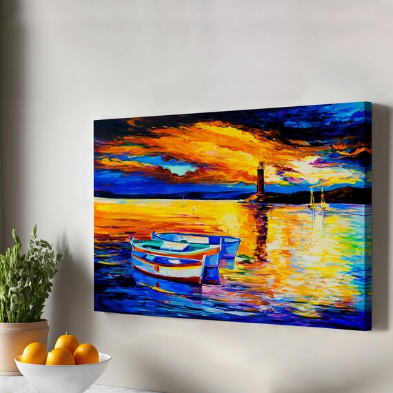 Sunset Ocean Lighthouse Boats Colorful Impasto Painting Wall Art