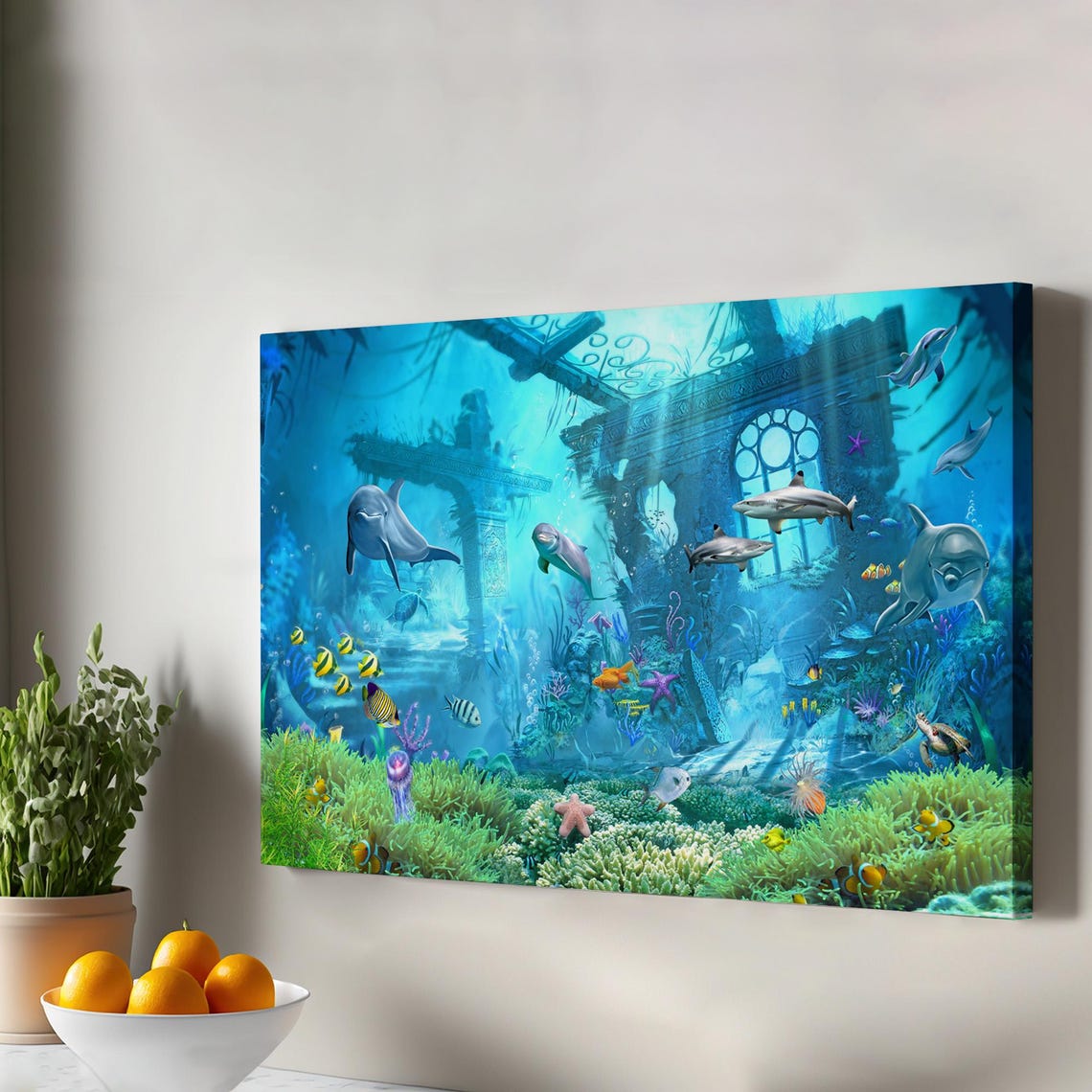 Underwater Sunken Ruins Dolphins Coral Reef Fantasy Art Poster