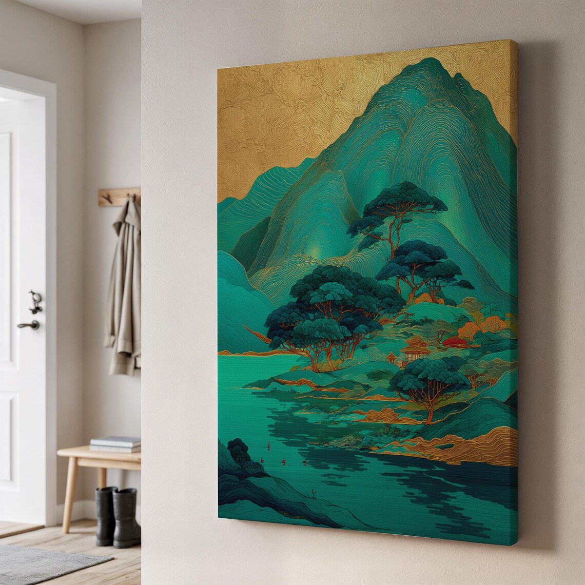 Emerald Green And Gold Asian Mountain Lake Landscape Art Poster