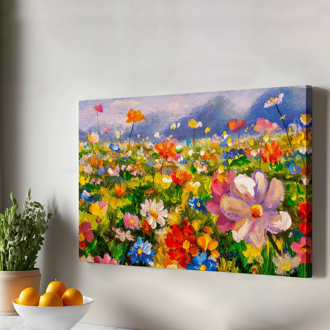 Wildflower Meadow Oil Painting Colorful Blooms Mountain Canvas Print