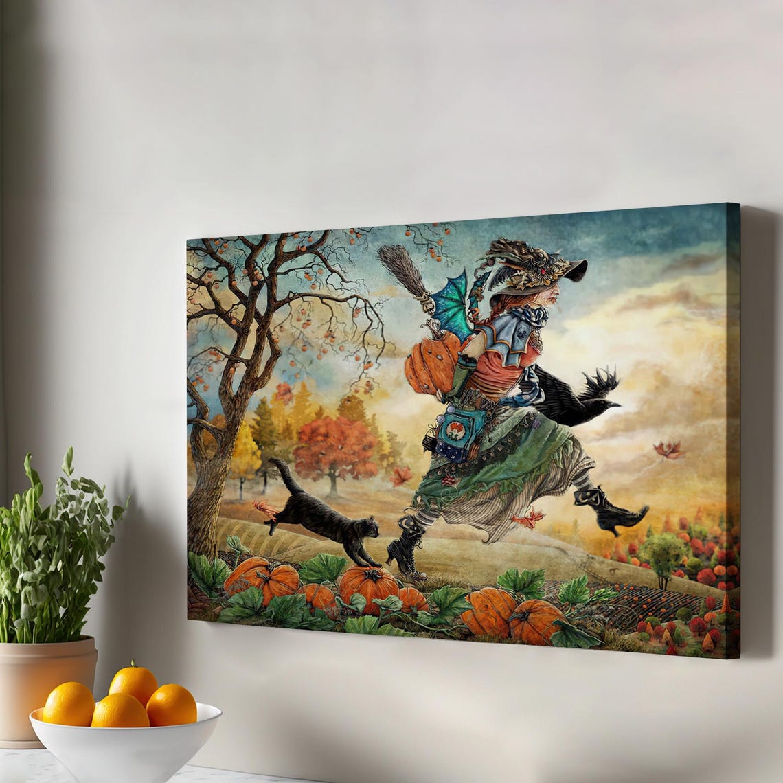 Witch With Black Cat Running Through Pumpkin Patch Halloween Wall Art