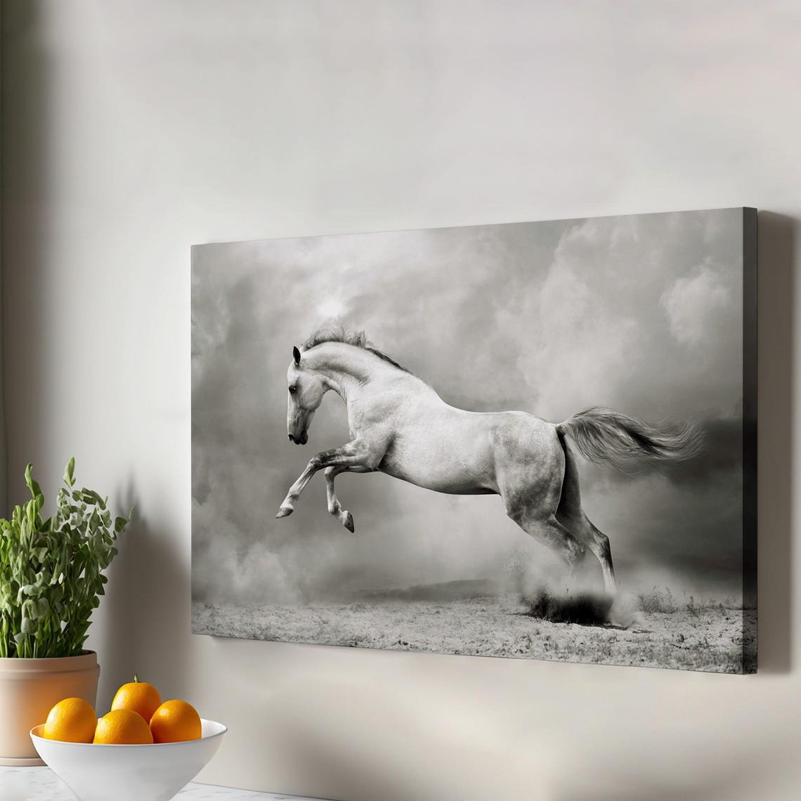 White Horse Galloping Dramatic Black White Equine Photo Poster