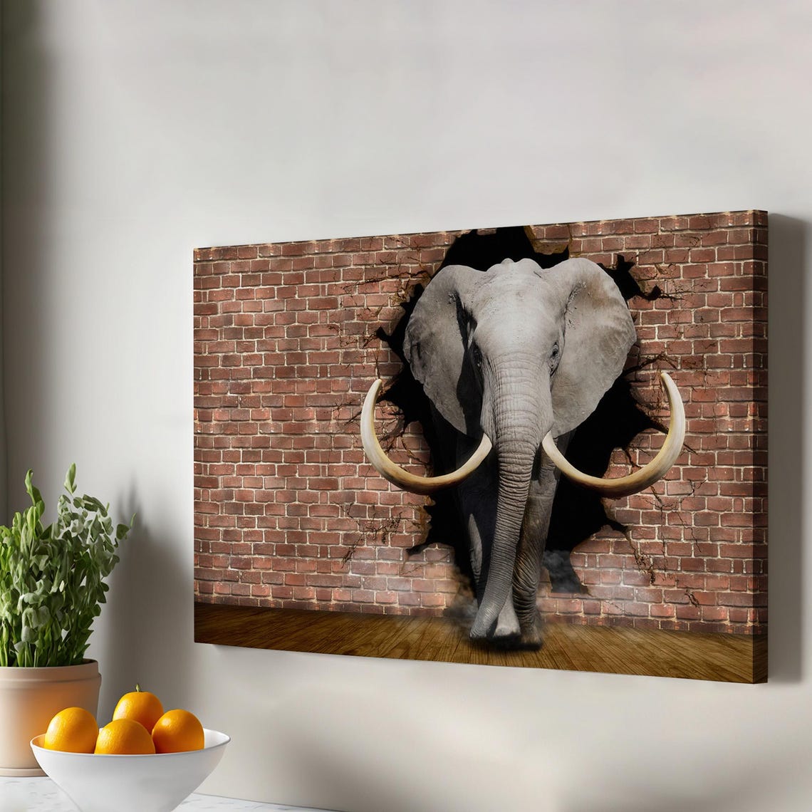 Elephant Breaking Through The Wall Decorative Canvas Art Large Framed Animal Modern