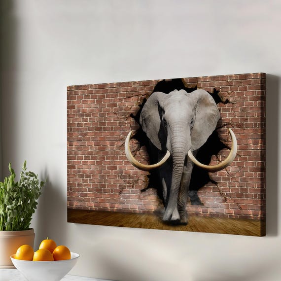 Elephant Breaking Through The Wall Decorative Canvas Art Large Framed Animal Modern