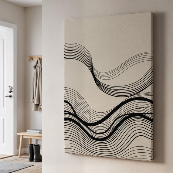 Minimalist Abstract Canvas Art Black And Beige Wave Line Design Geometric Wall Decor Modern Fluid Shape Artwork For Living Room