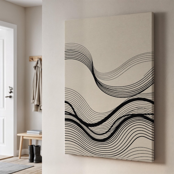 Minimalist Black Line Waves Abstract Beige Modern Wave Art Poster