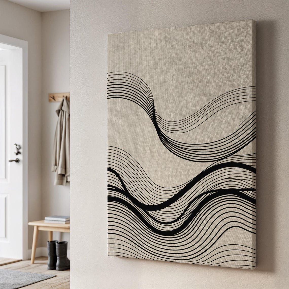Minimalist Abstract Canvas Art Black And Beige Wave Line Design Geometric Wall Decor Modern Fluid Shape Artwork For Living Room