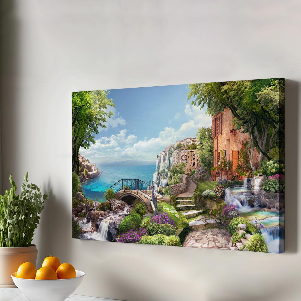 Mediterranean Cliffside Village Waterfalls Seaside Coastal Print