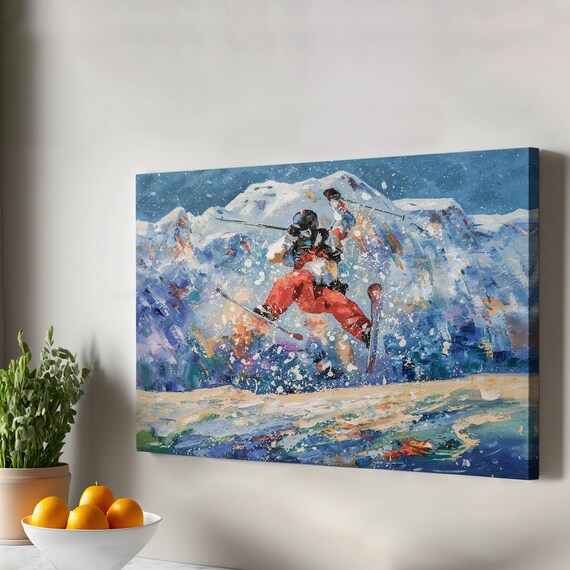 Freestyle Skier Midair Jump Snowy Mountain Impasto Painting Wall Art