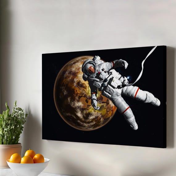 Astronaut With A Planet In The Background Canvas Wall Art Large Decor Gift For Nature Enthusiasts Framed