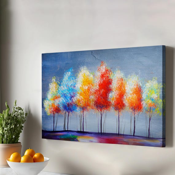 Colorful Trees Oil Painting Look Decorative Canvas Wall Art Large Abstract Modern Decor Framed