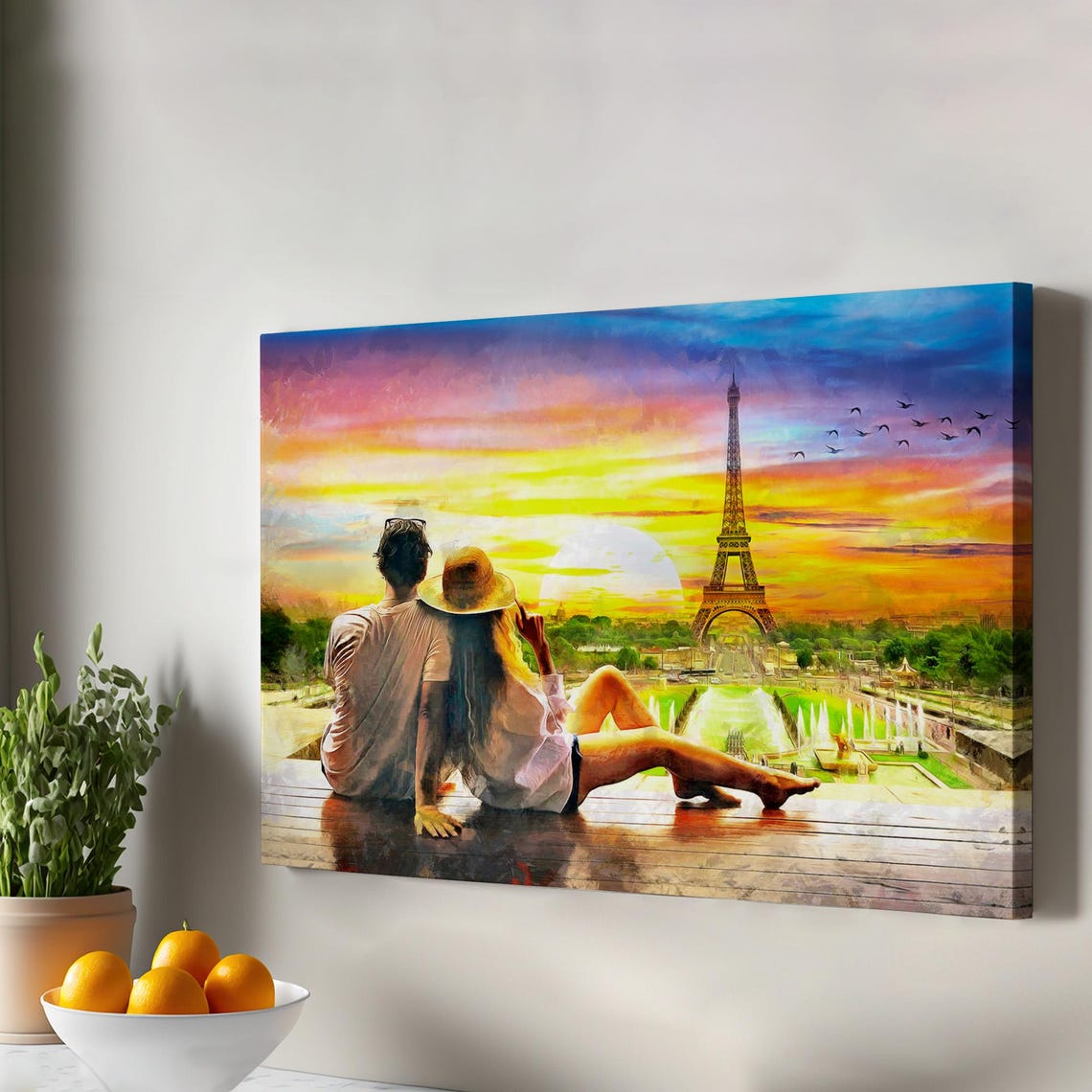 Romantic Couple Viewing Eiffel Tower Sunset Paris Canvas Wall Art