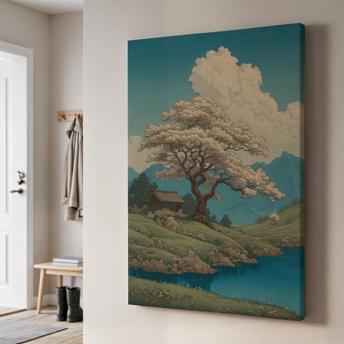 Japanese Cherry Blossom Tree River Mountain Woodblock Style Poster