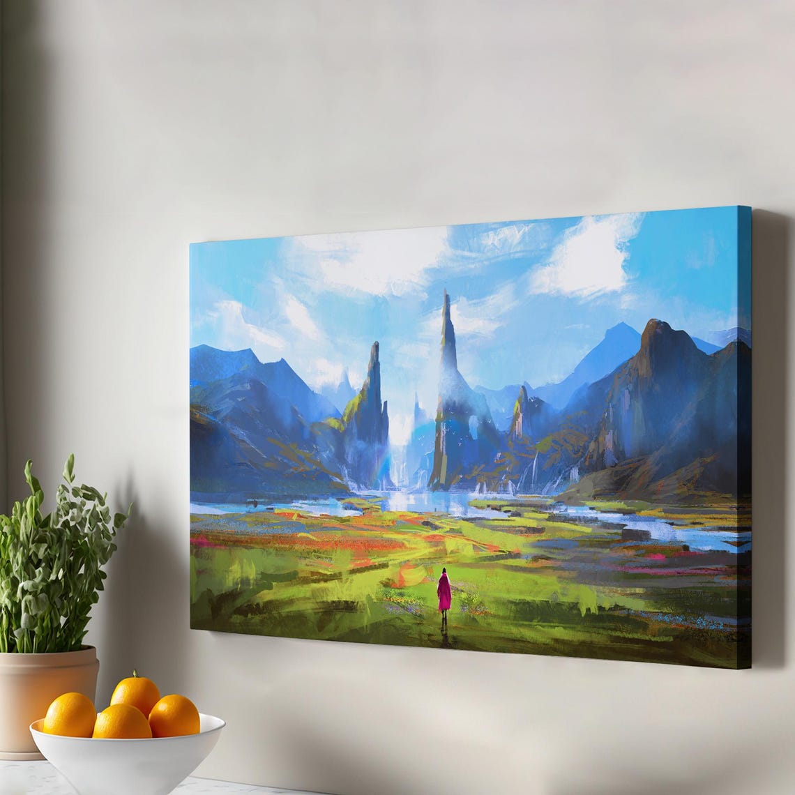 Fantasy Valley Wanderer Misty Peaks Dreamy Landscape Canvas Print