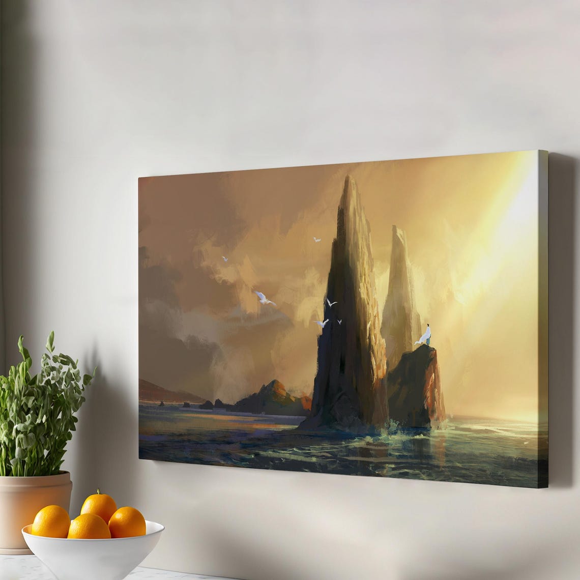 Golden Sunset White Cloaked Figure On Sea Cliffs Ocean Canvas Print