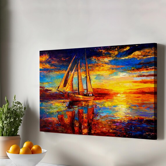 Sailboat Sunset Ocean Canvas Wall Art Oil Painting Style Golden Seascape