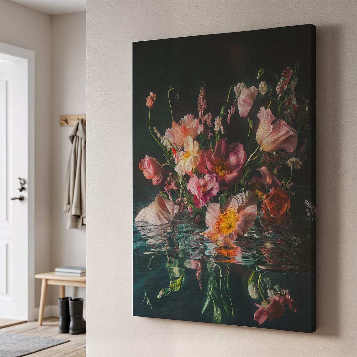 Dark Floral Canvas Pink Poppies Mirror Water Moody Flower Poster