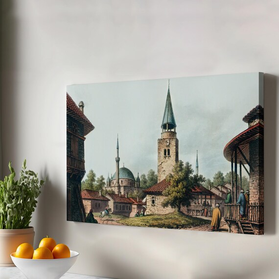 Ottoman Town Mosque Minaret Antique Painting Historic Scene Poster