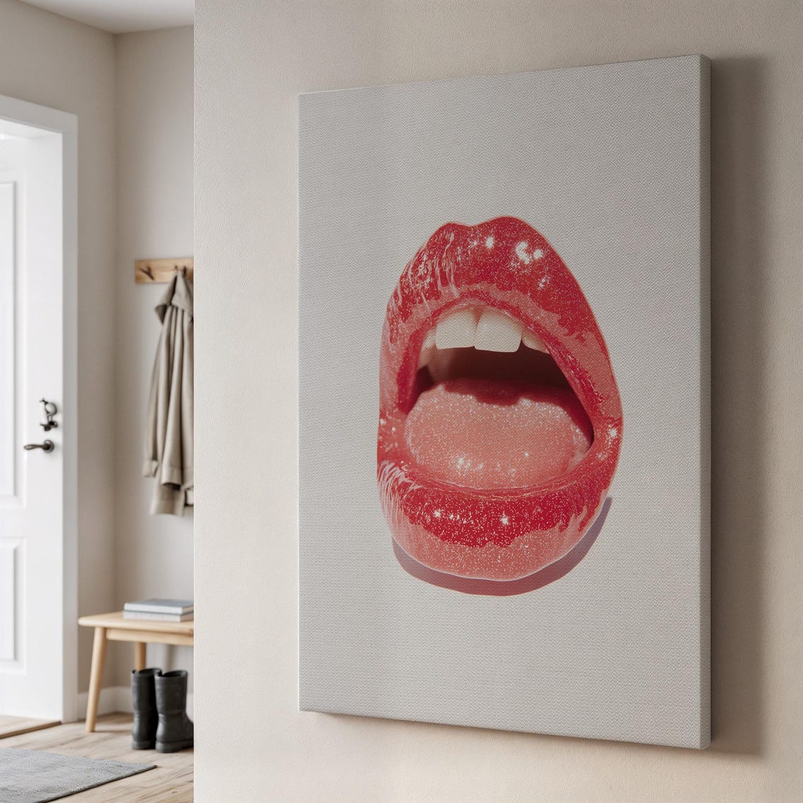 Glitter Red Lips Pop Art Canvas Bold Open Mouth Modern Beauty Wall Art