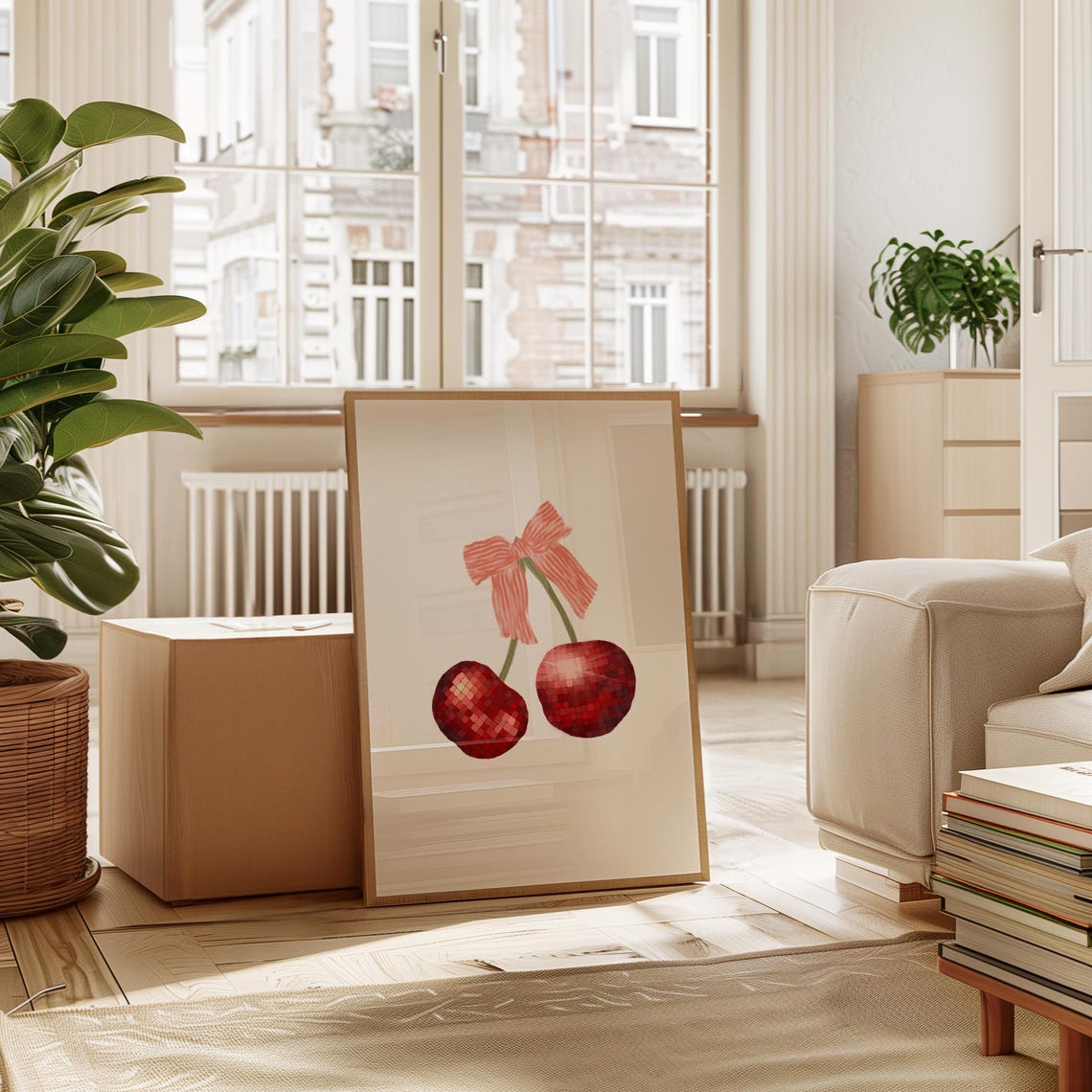 Red Disco Ball Cherries With Pink Bow Retro Coquette Kitchen Wall Art - Image 2