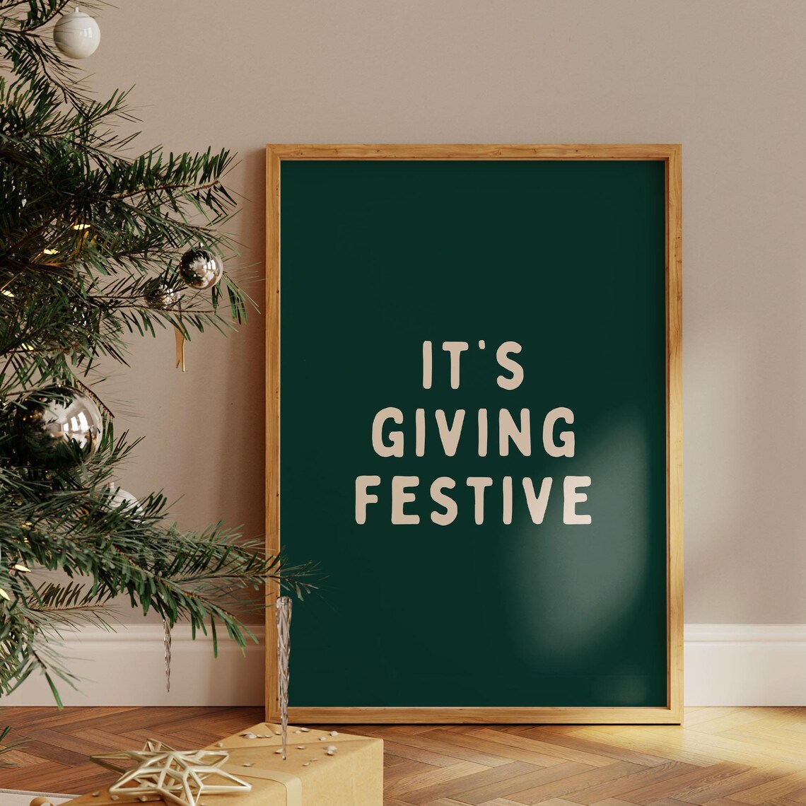 Its Giving Festive Cream on Green Retro Christmas Quote Poster