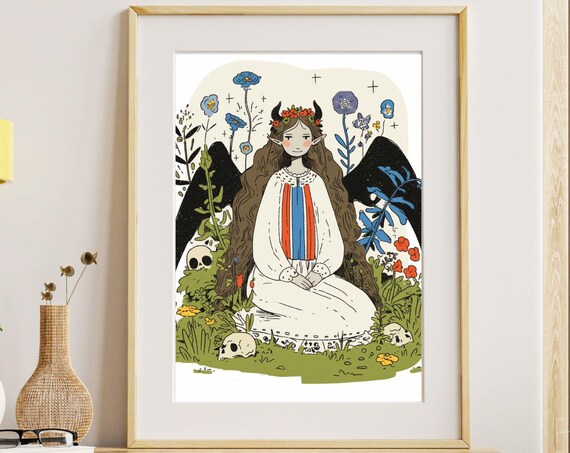 Horned Fairy Girl Wildflowers Folk Fantasy Illustration Poster