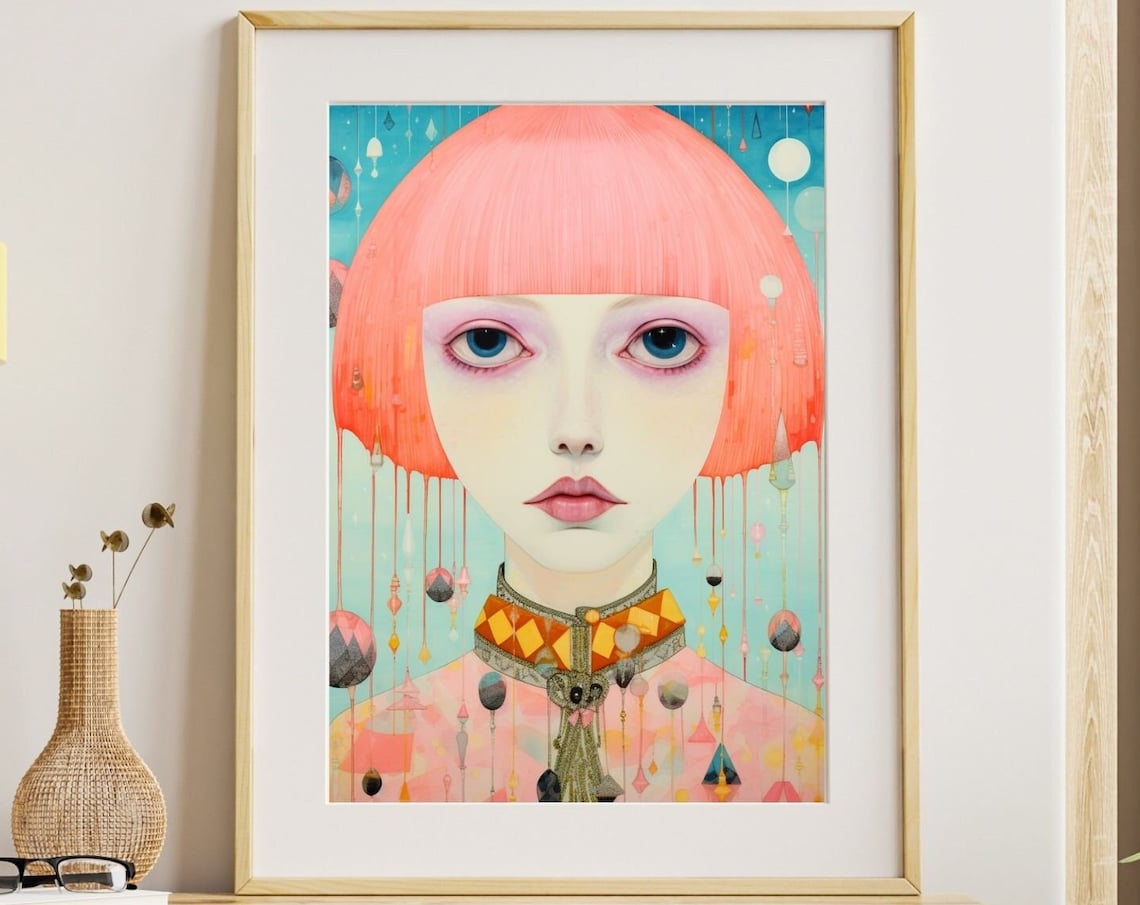 Pink Bob Woman Portrait Hanging Ornaments Pastel Dreamy Art Print