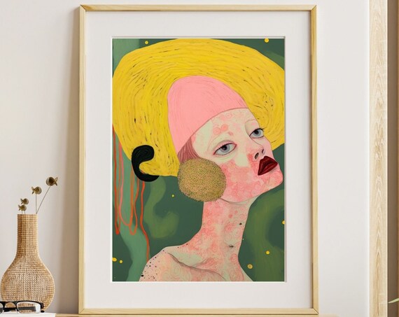 Abstract Woman Portrait Yellow Halo Hair Pink Skin Art Print