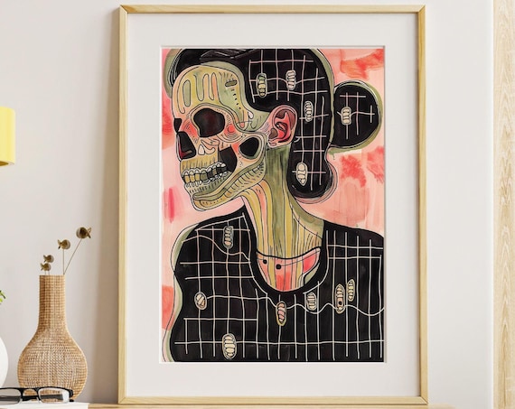 Skeleton Profile Grid Dress Pink Surreal Skull Woman Art Poster