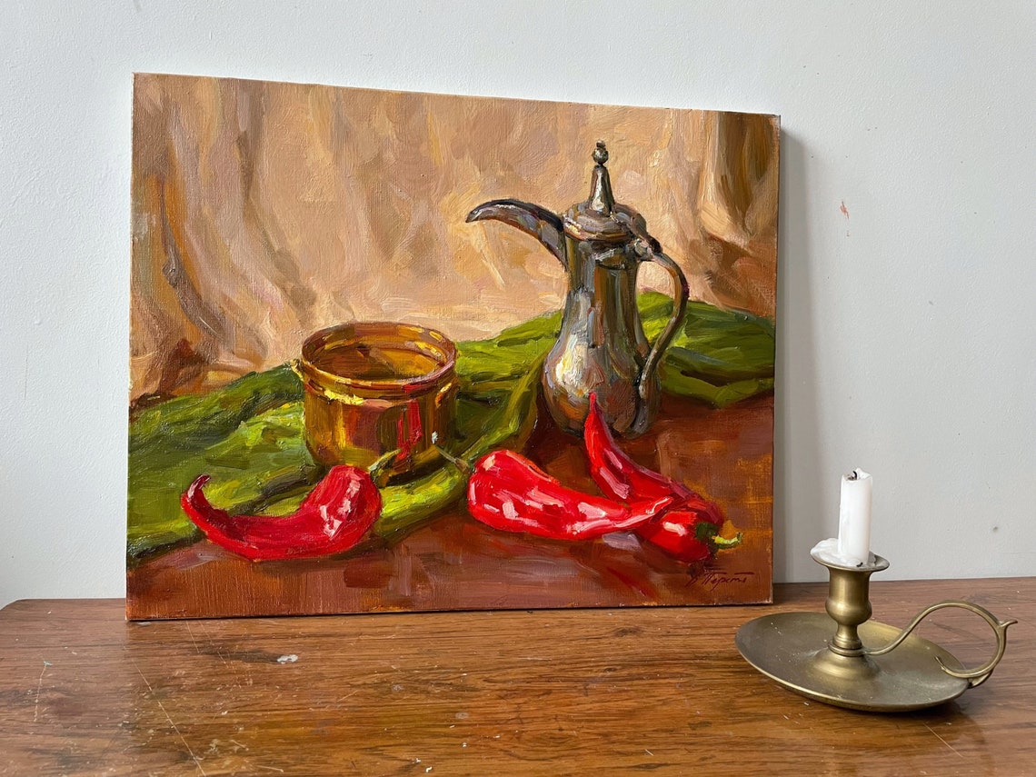 Red Chili Peppers Brass Still Life Kitchen Oil Painting Wall Art - Image 5