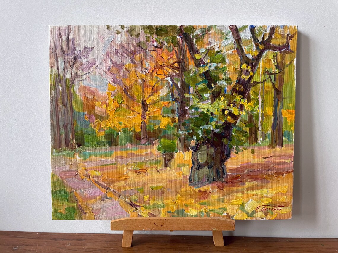 Autumn Park Old Tree Golden Leaves Path Impressionist Oil Painting Art - Image 3