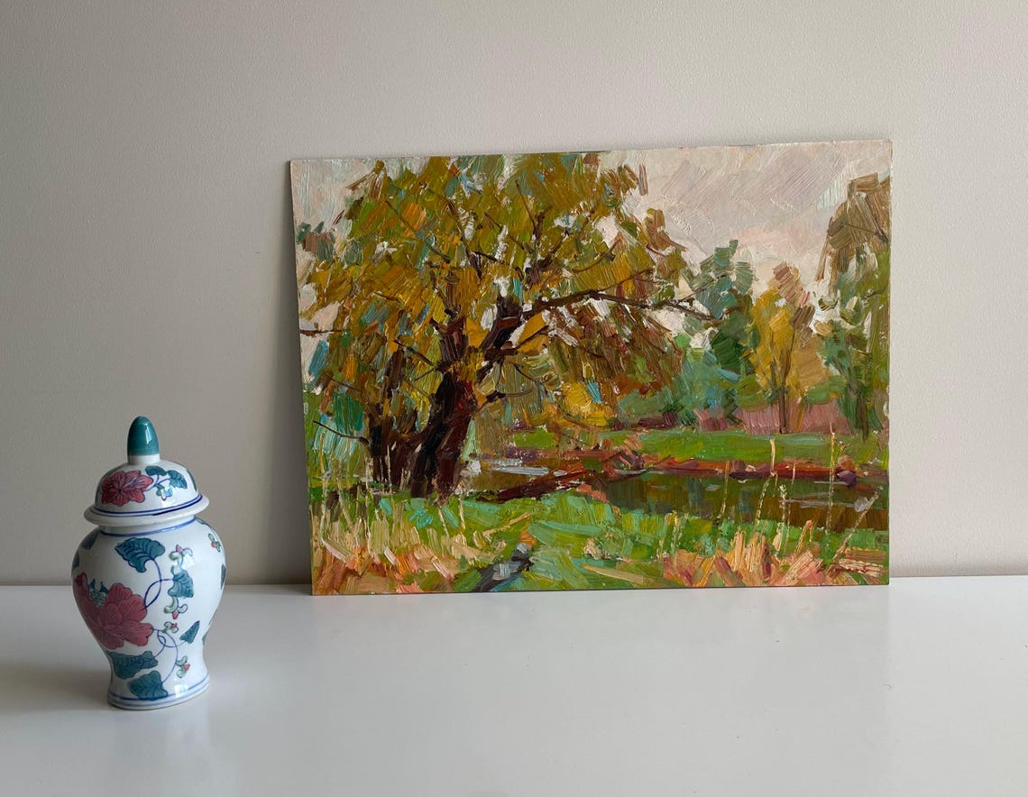 Spring Riverbank Big Tree Green Meadow Impressionist Oil Painting Art - Image 5