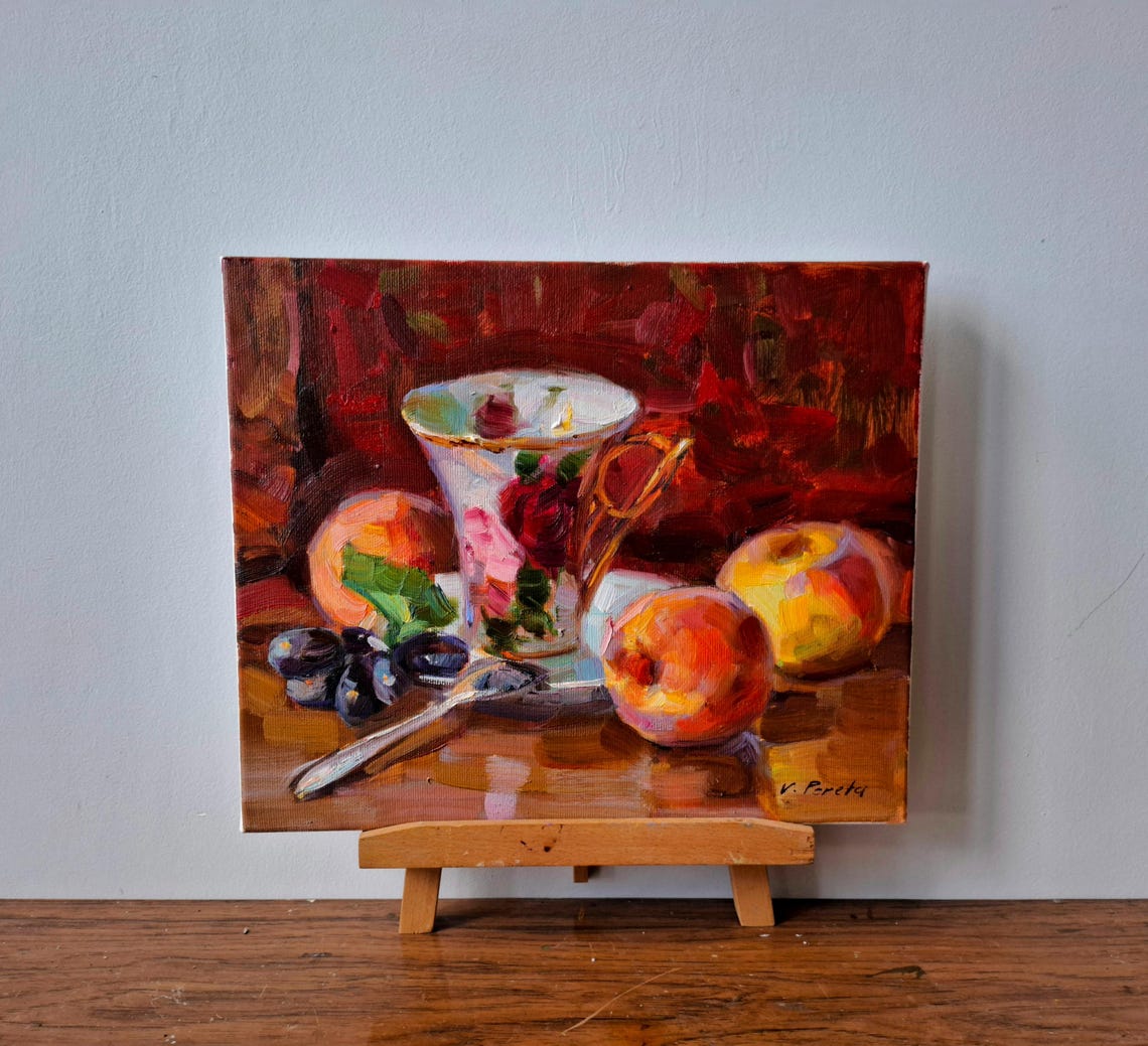 Peaches Floral Teacup Fruit Still Life Impressionist Oil Painting Art - Image 2