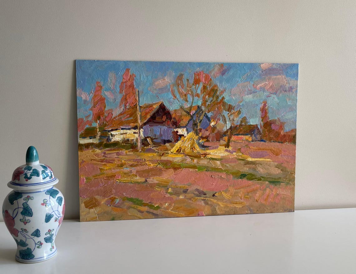 Rural Village Wooden House Haystack Autumn Impressionist Oil Painting - Image 5