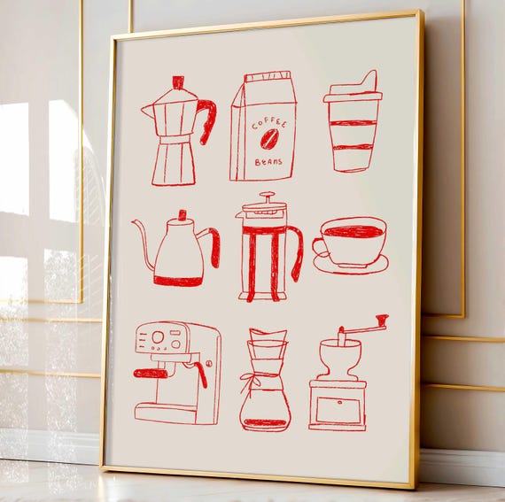Hand Drawn Coffee Bar Wall Art Kitchen Poster Design Aesthetic Drawing Living Room Home Decor Cooking Poster