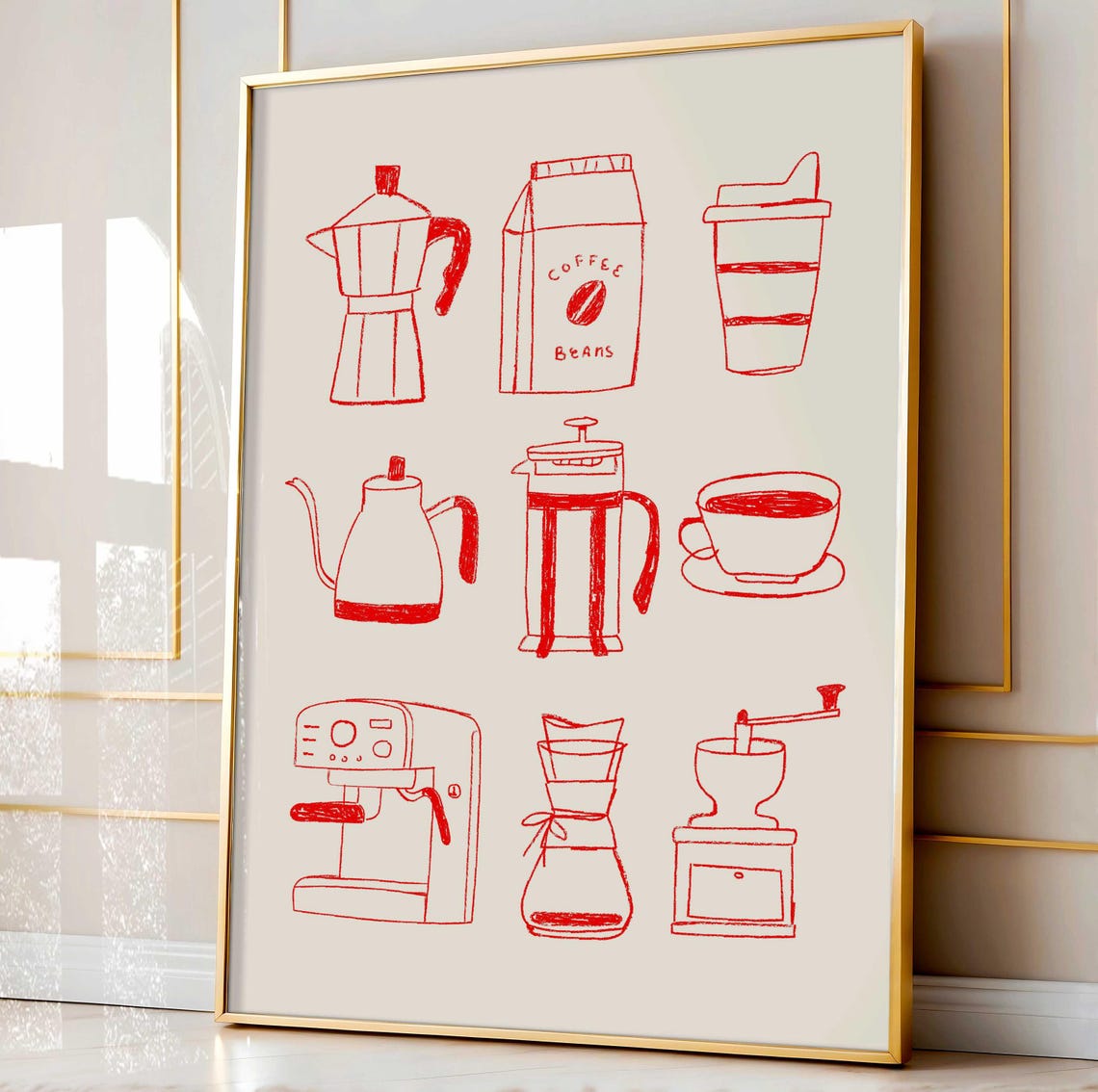 Red Coffee Brewing Tools Hand Drawn Moka Pot Kitchen Art Poster