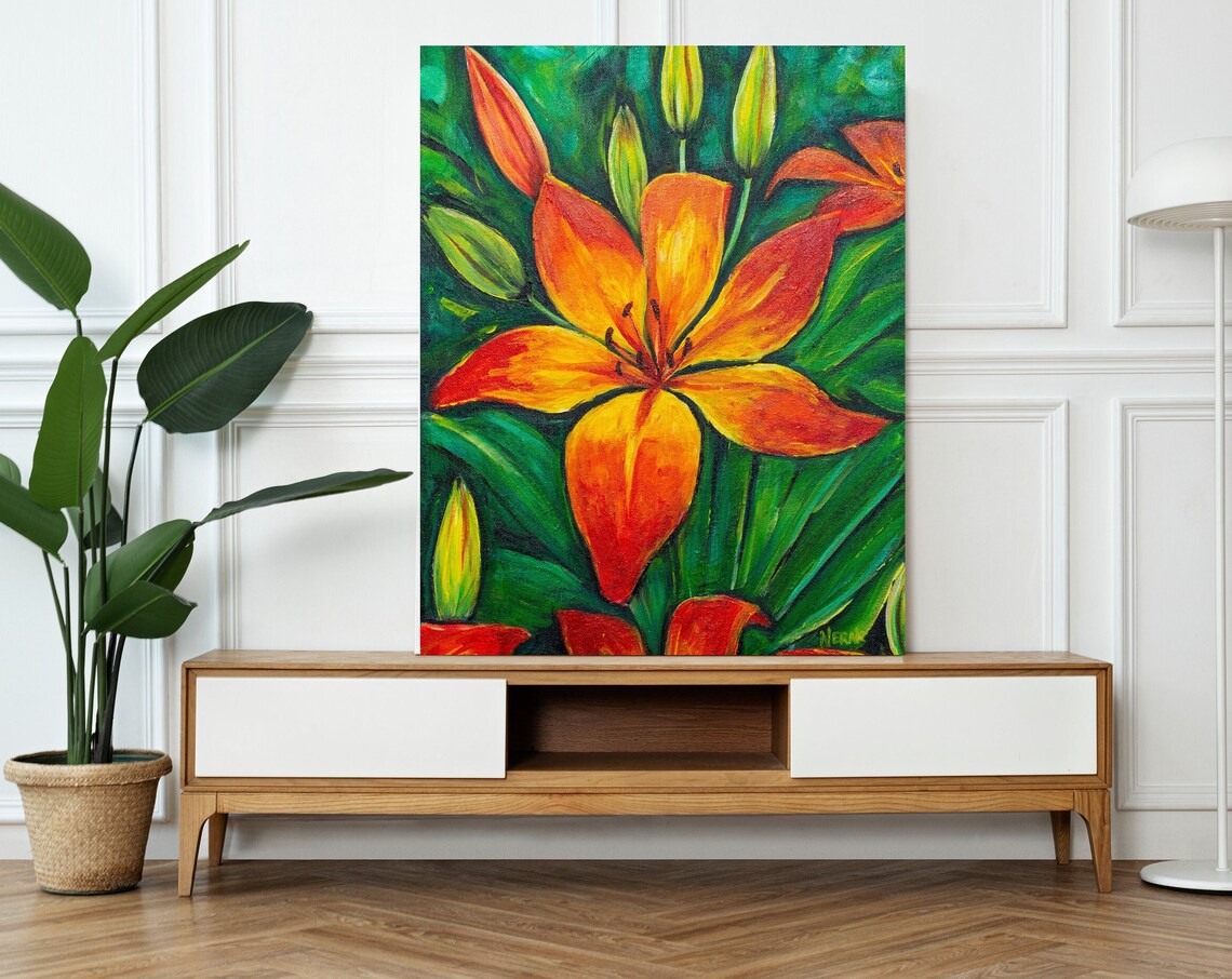 Orange Lilies Vibrant Botanical Painting Green Leaves Floral Poster - Image 3