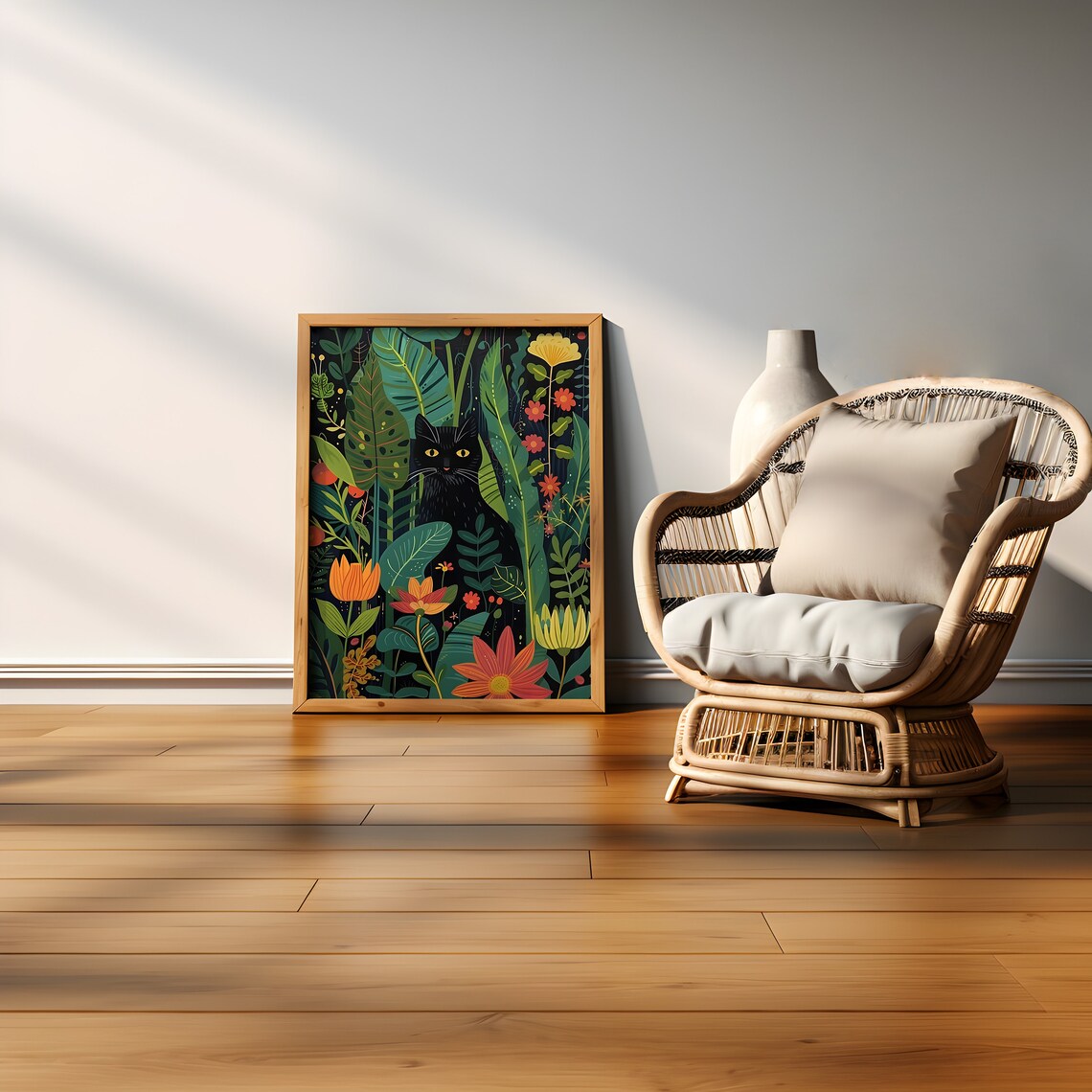 Black Cat Among Colorful Tropical Flowers Botanical Cat Poster - Image 3