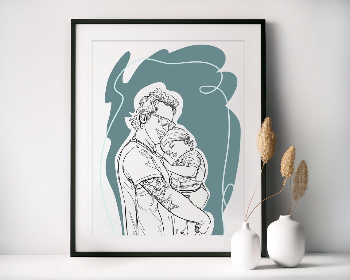 New Parents with Baby Line Art Portrait in Terracotta Swirls Poster - Image 3