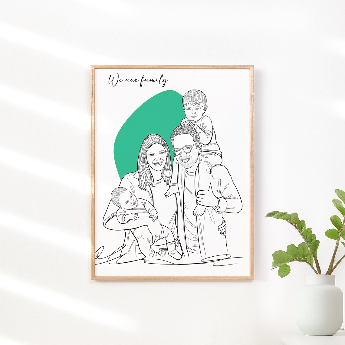 We Are Family Line Drawing Portrait of Four with Green Shape Poster