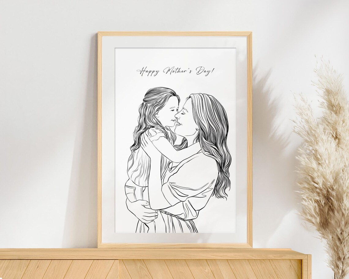 Happy Mother's Day Line Drawing of Mom Kissing Her Daughter Poster