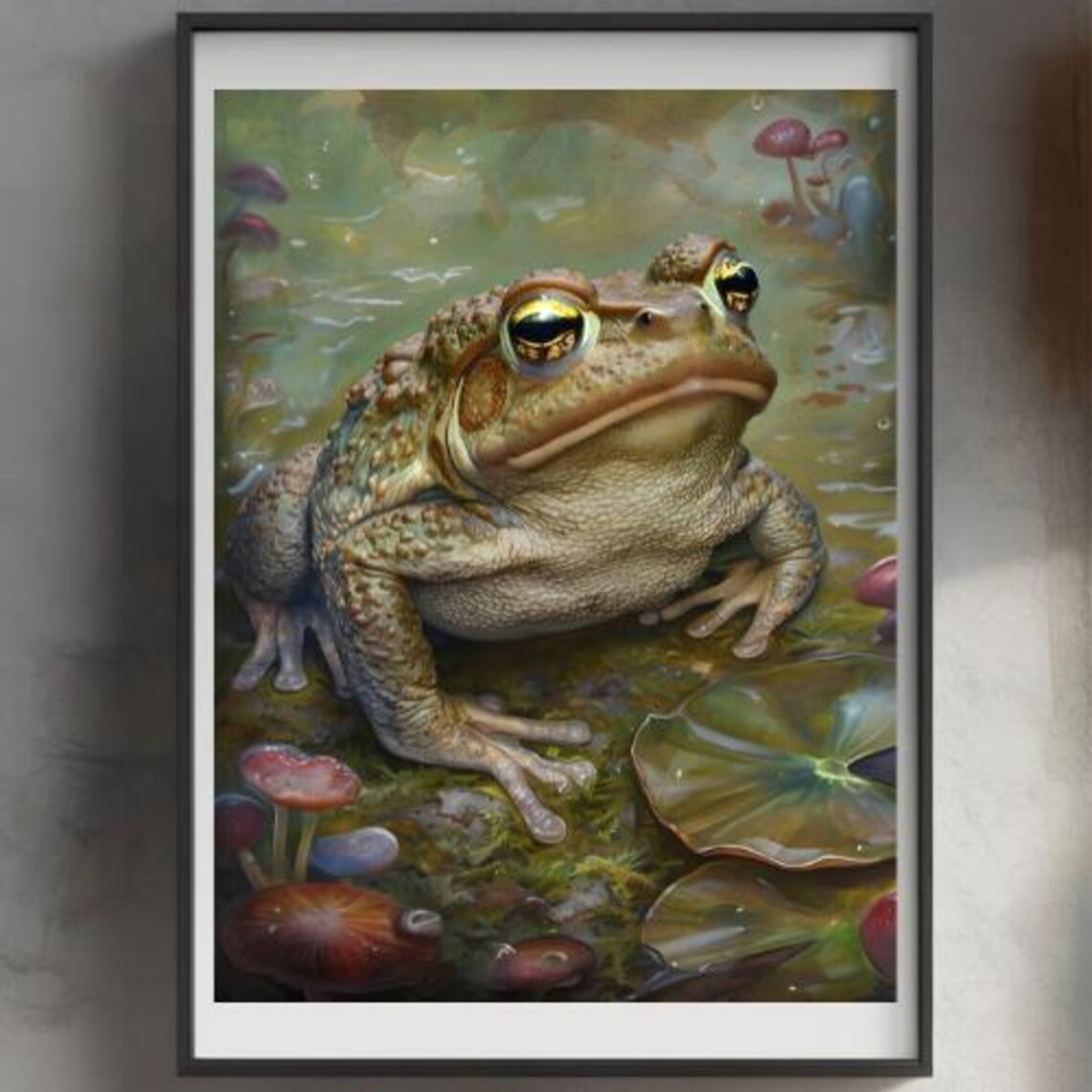 Realistic Frog Among Mushrooms Lily Pads Nature Art Wall Poster - Image 2